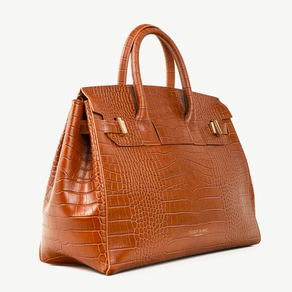 Teddy Blake Gigi Croco Camel Brown Top Handle Leather Handbag - Picture 2 of 12